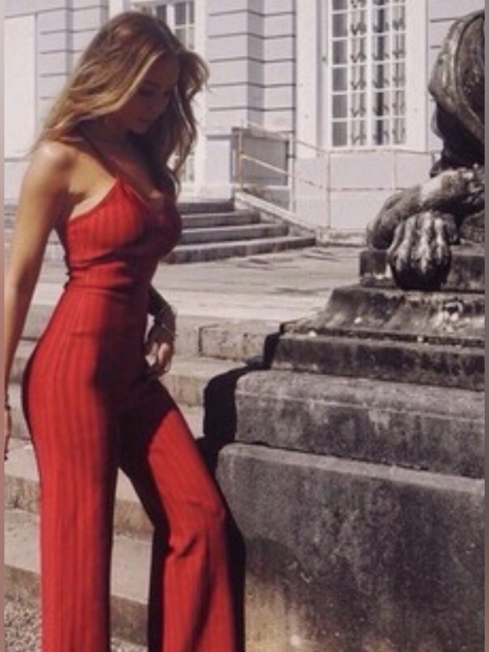 House of CB Tan Striped Jumpsuit